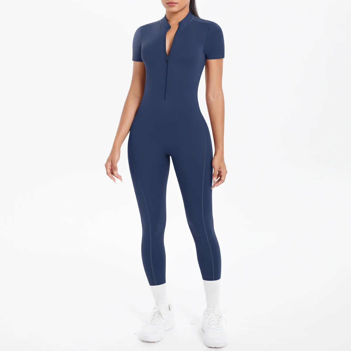 Open-Back Sculpt Jumpsuit (Short Sleeve, Zip Front)