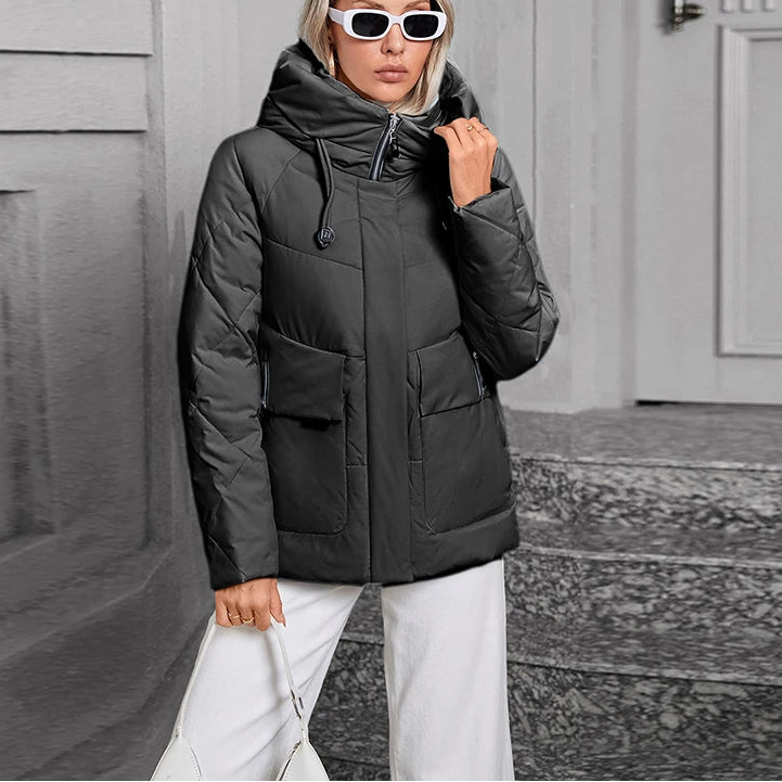 Women’s Hooded Puffer Jacket - High Collar - Waterproof Zip Pockets